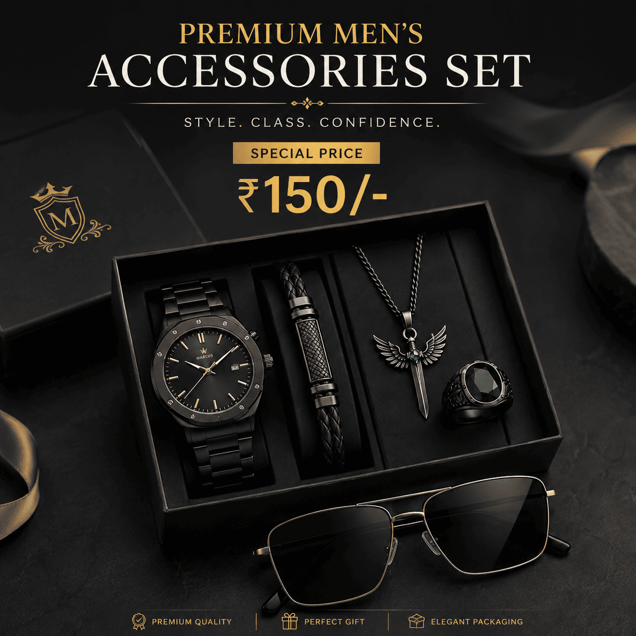 Premium Men’s Accessories Gift Set ₹150 – Luxury Watch, Bracelet, Pendant, Ring & Sunglasses